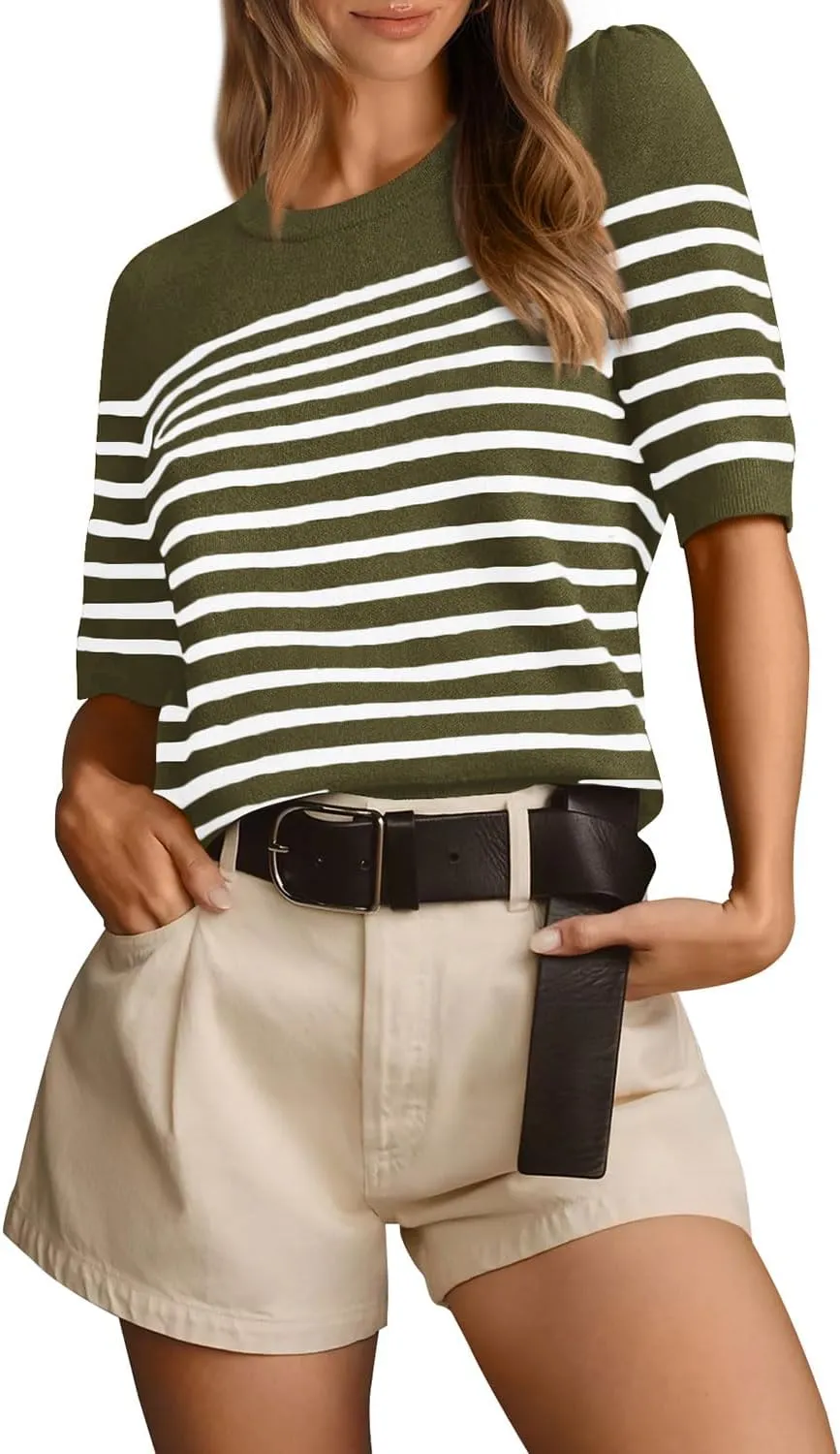 Amkoyam Women's 2025 Short Sleeve Crew Neck T Shirts Casual Striped Ribbed Knit Pullover Sweater Tops
