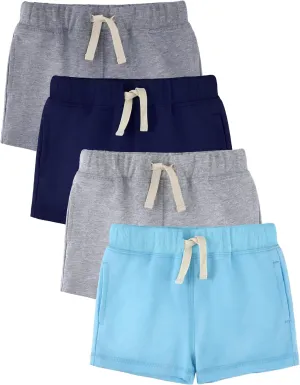Baby Boys Shorts 4-Pack 0-24M | Cotton Knit Pull-On with Adjustable Drawstring Waist & Pockets, Summer Playwear