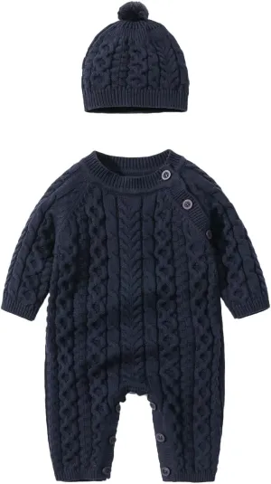 Baby Girl Boy Knitted Sweater Romper Jumpsuit Long Sleeve Solid Cable Knit Playsuit with (Dark Blue, 0-3 Months) j1117r