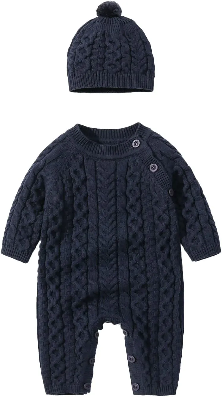 Baby Girl Boy Knitted Sweater Romper Jumpsuit Long Sleeve Solid Cable Knit Playsuit with (Dark Blue, 0-3 Months) j1117r