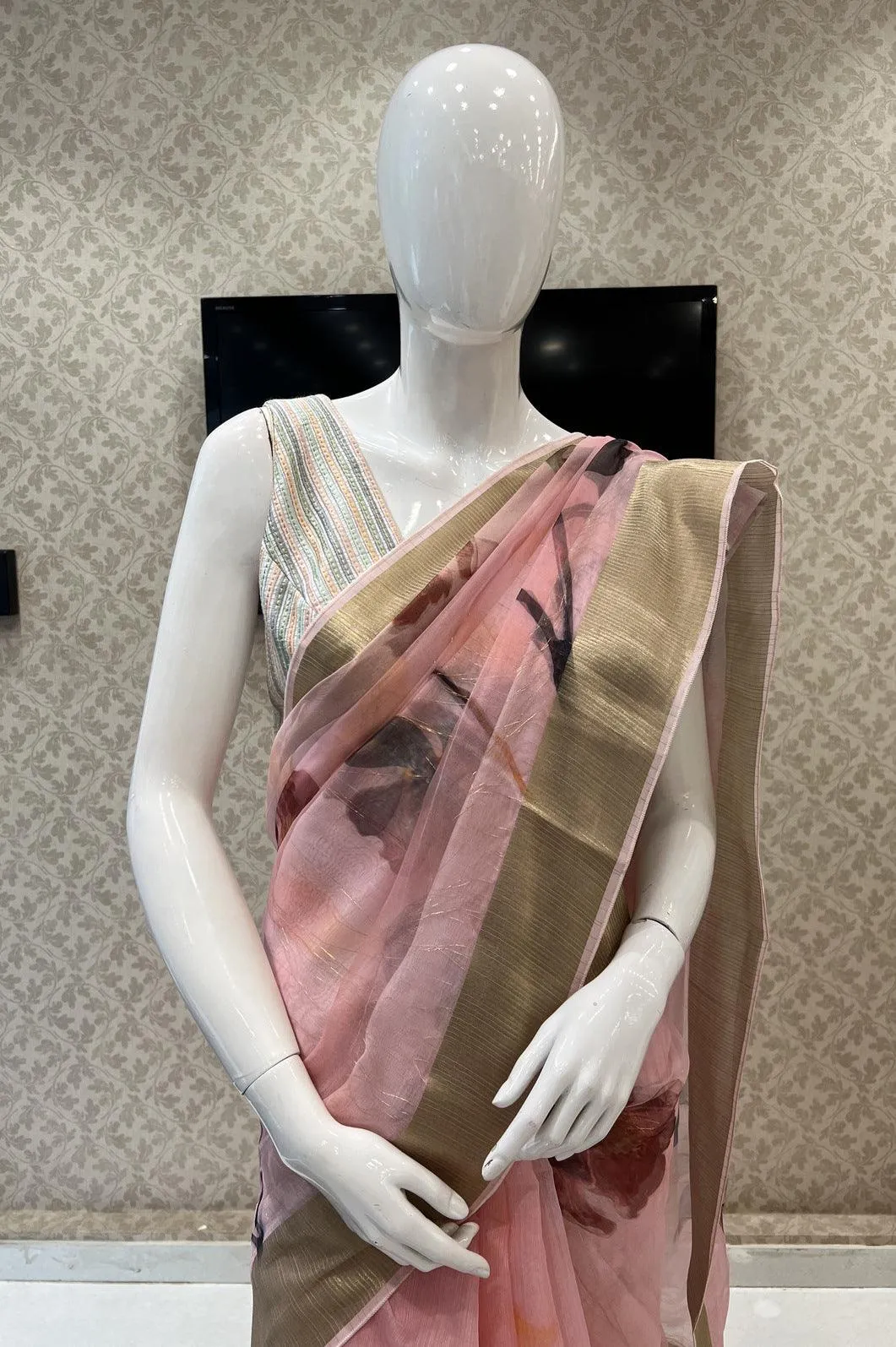 Baby Pink Double Layered Saree with Matching Unstitched Designer Blouse