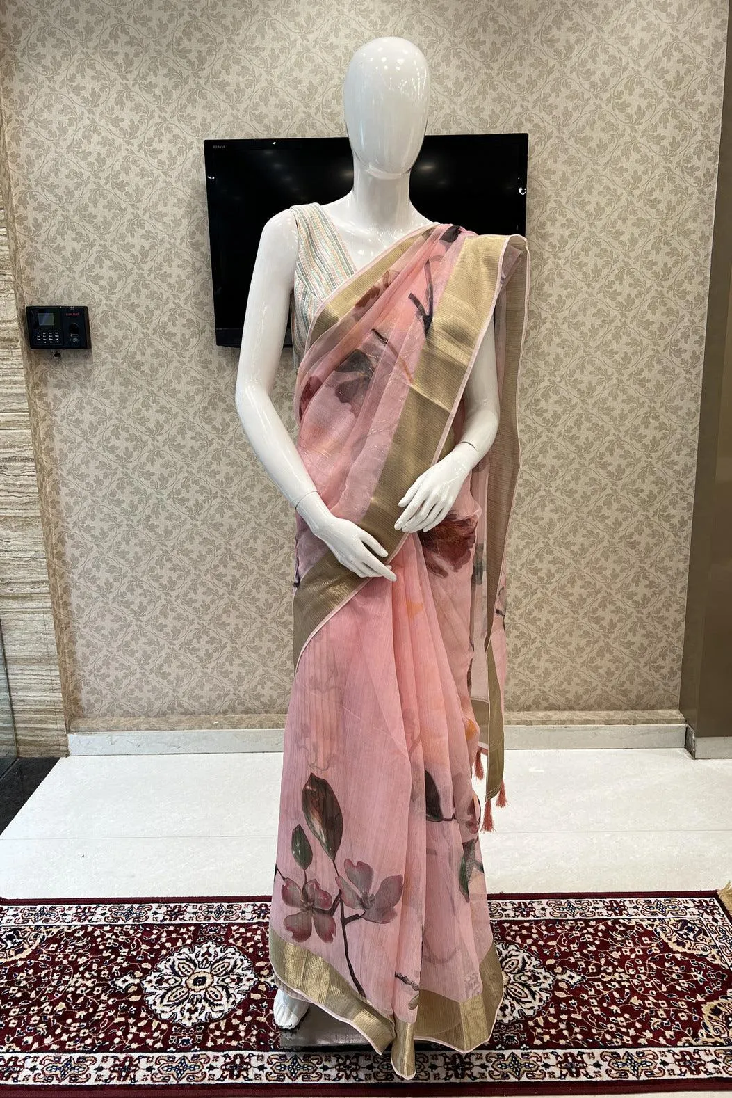 Baby Pink Double Layered Saree with Matching Unstitched Designer Blouse