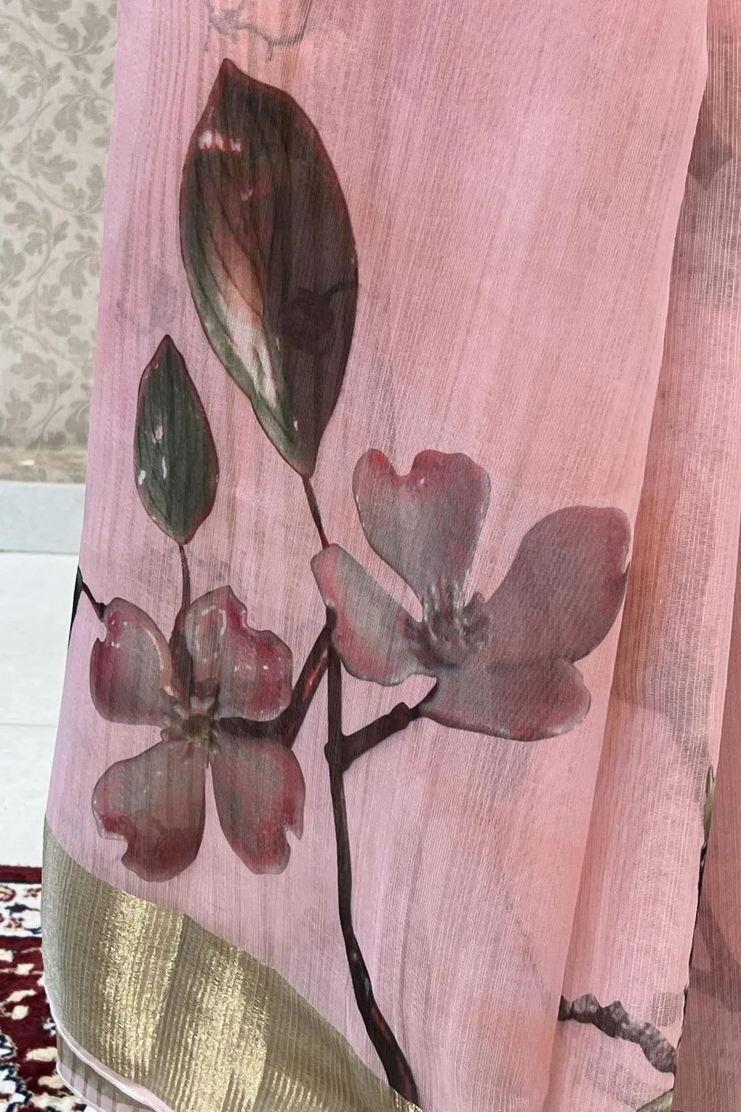 Baby Pink Double Layered Saree with Matching Unstitched Designer Blouse