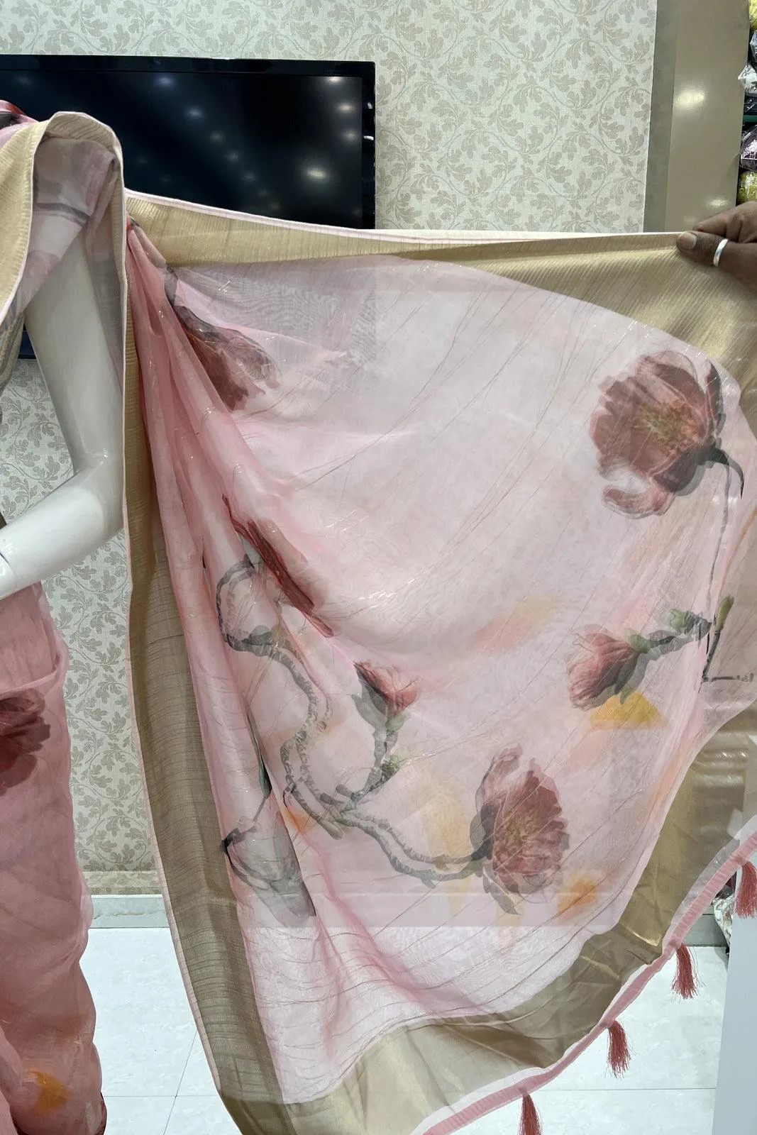 Baby Pink Double Layered Saree with Matching Unstitched Designer Blouse