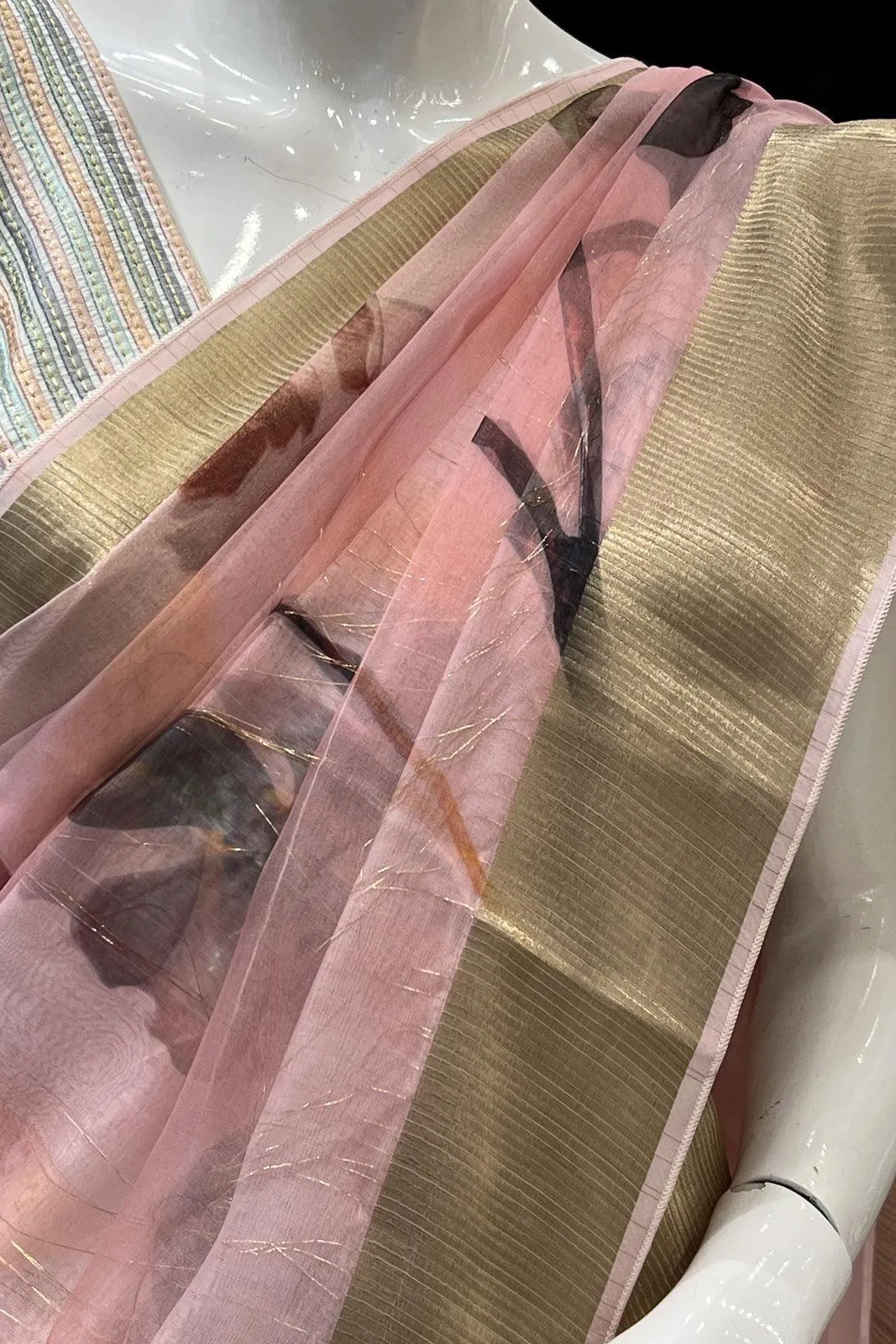 Baby Pink Double Layered Saree with Matching Unstitched Designer Blouse