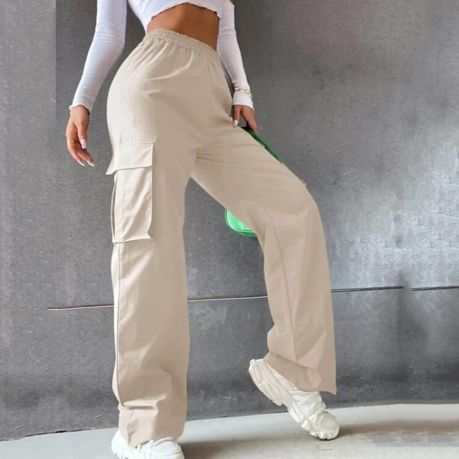 Belt Less Pants Women Wide Leg High Waisted Casual Trousers Straight Leg Relaxed Style Loose Sweatpants with Pockets