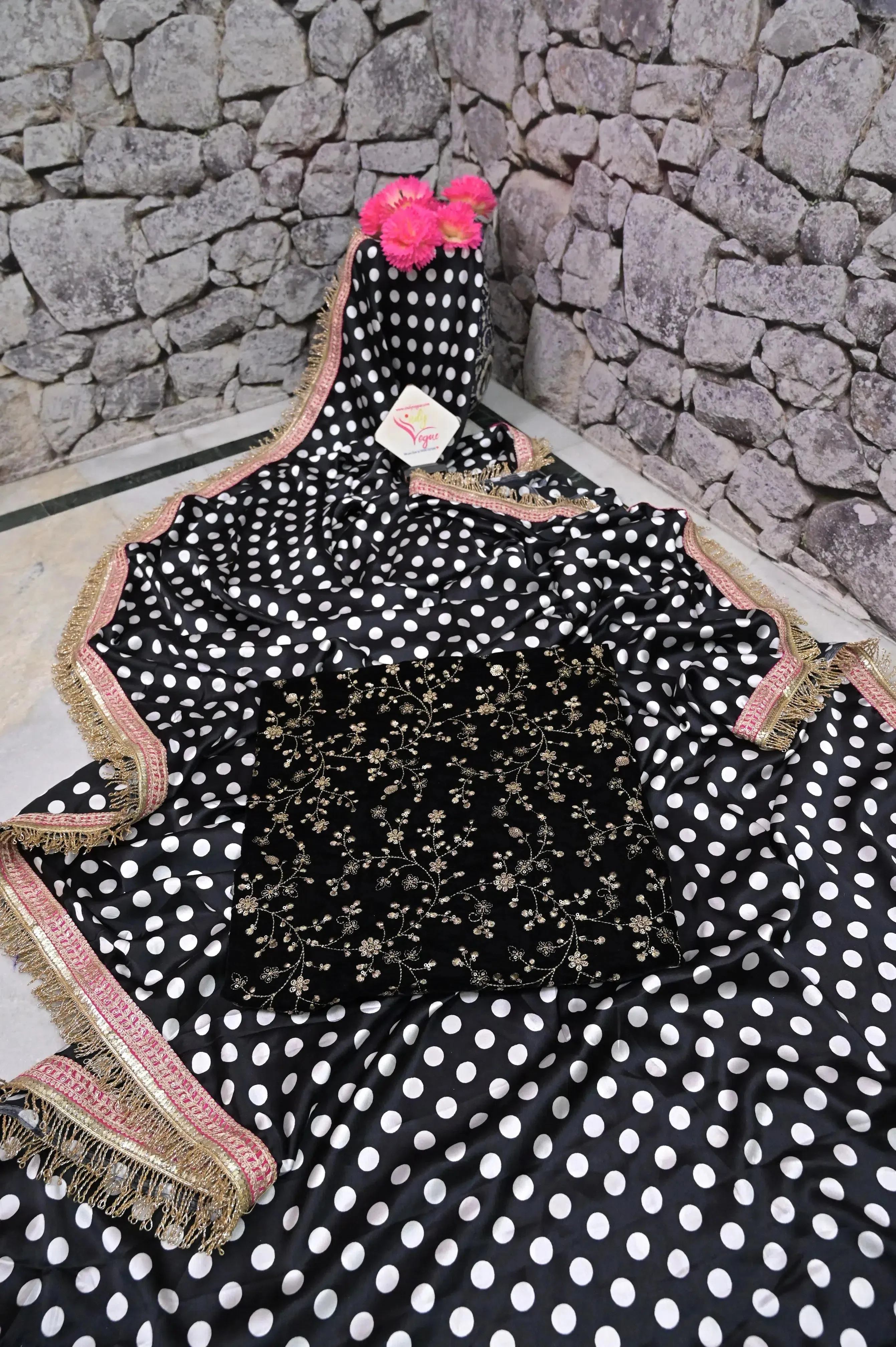 Black with White Polka Dot Satin Silk Saree with Designer Blouse Piece