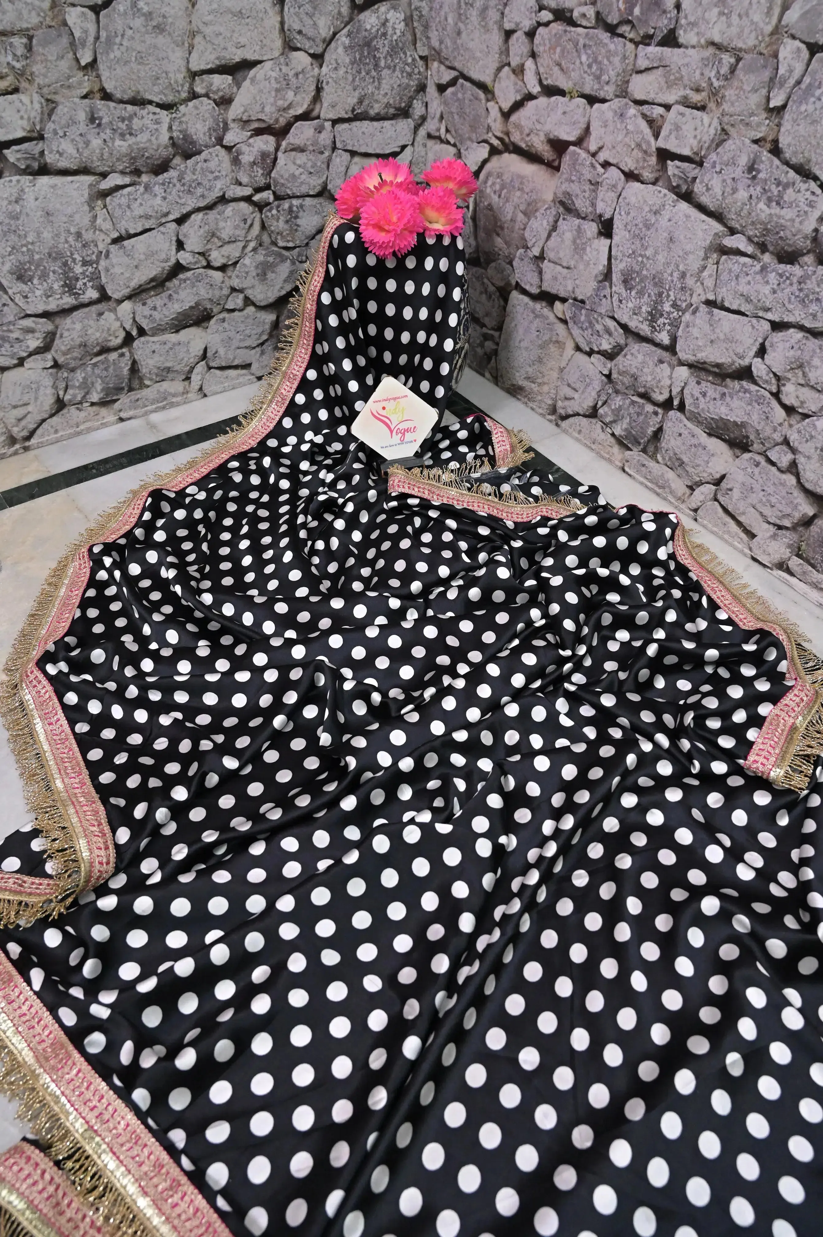 Black with White Polka Dot Satin Silk Saree with Designer Blouse Piece