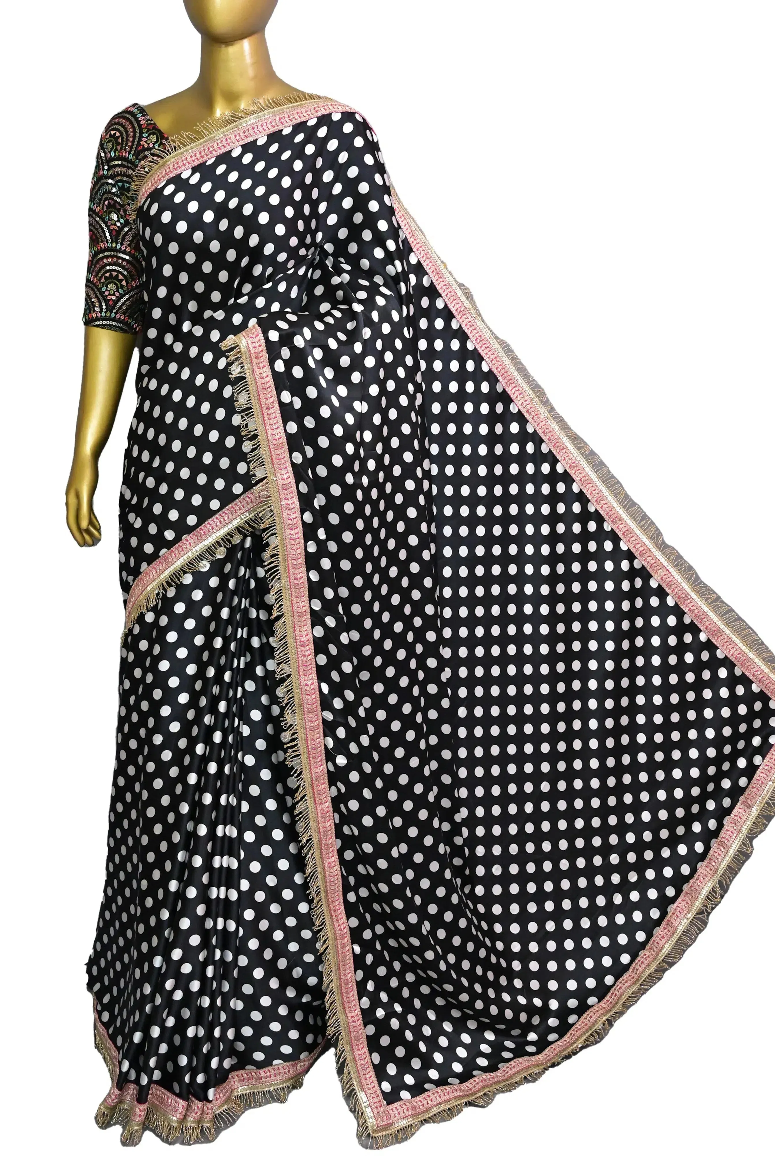 Black with White Polka Dot Satin Silk Saree with Designer Blouse Piece