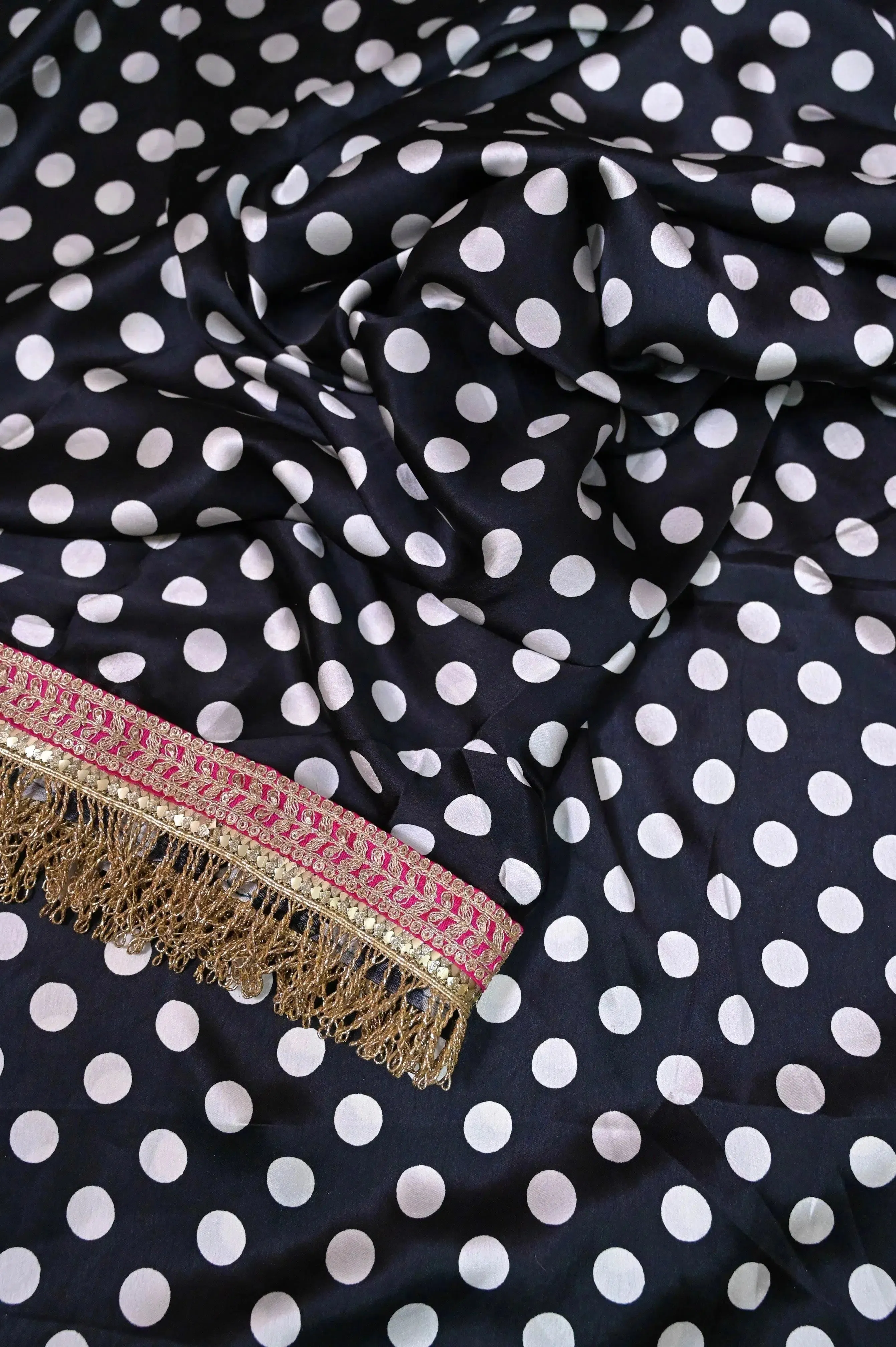 Black with White Polka Dot Satin Silk Saree with Designer Blouse Piece