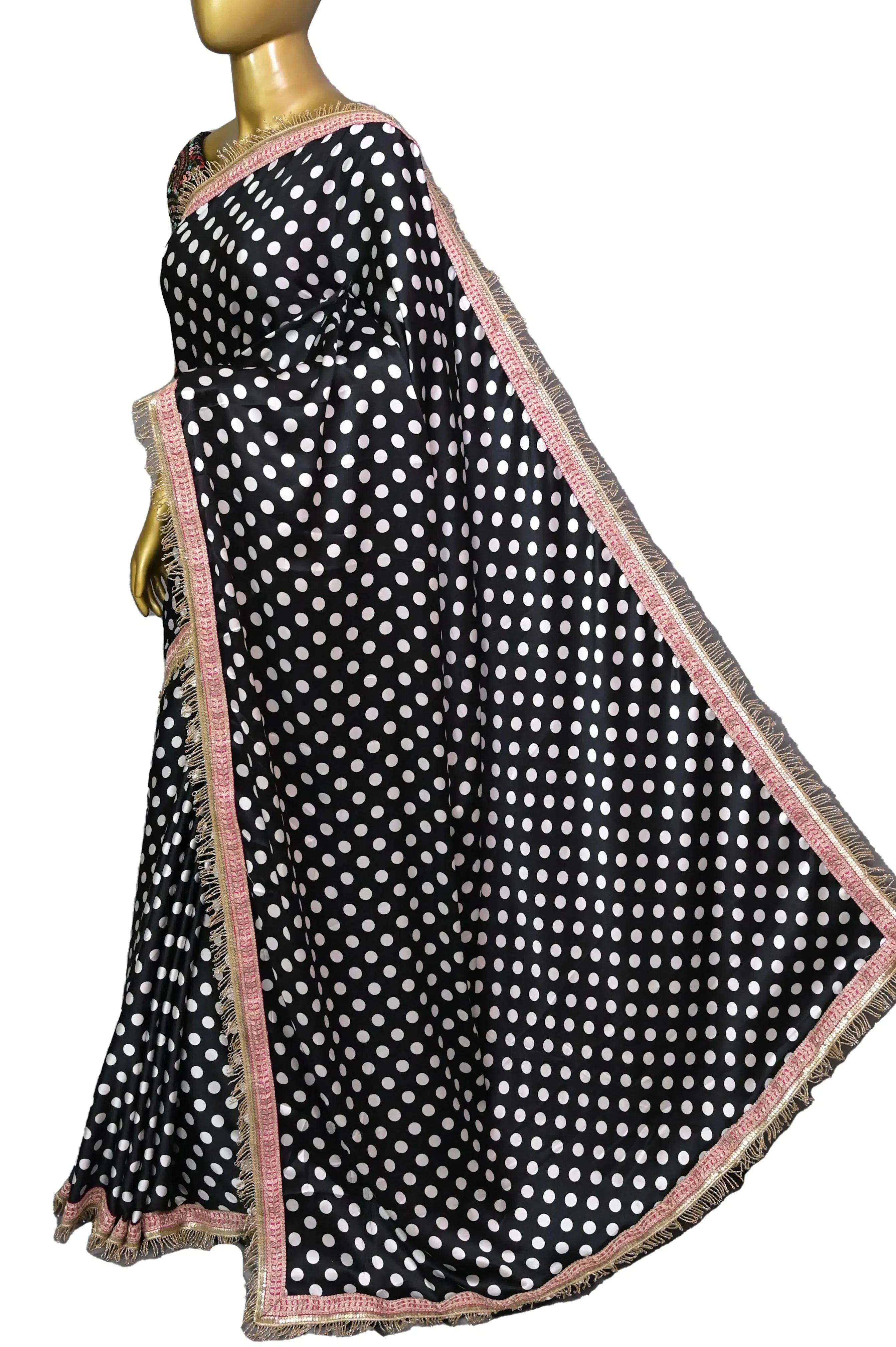 Black with White Polka Dot Satin Silk Saree with Designer Blouse Piece