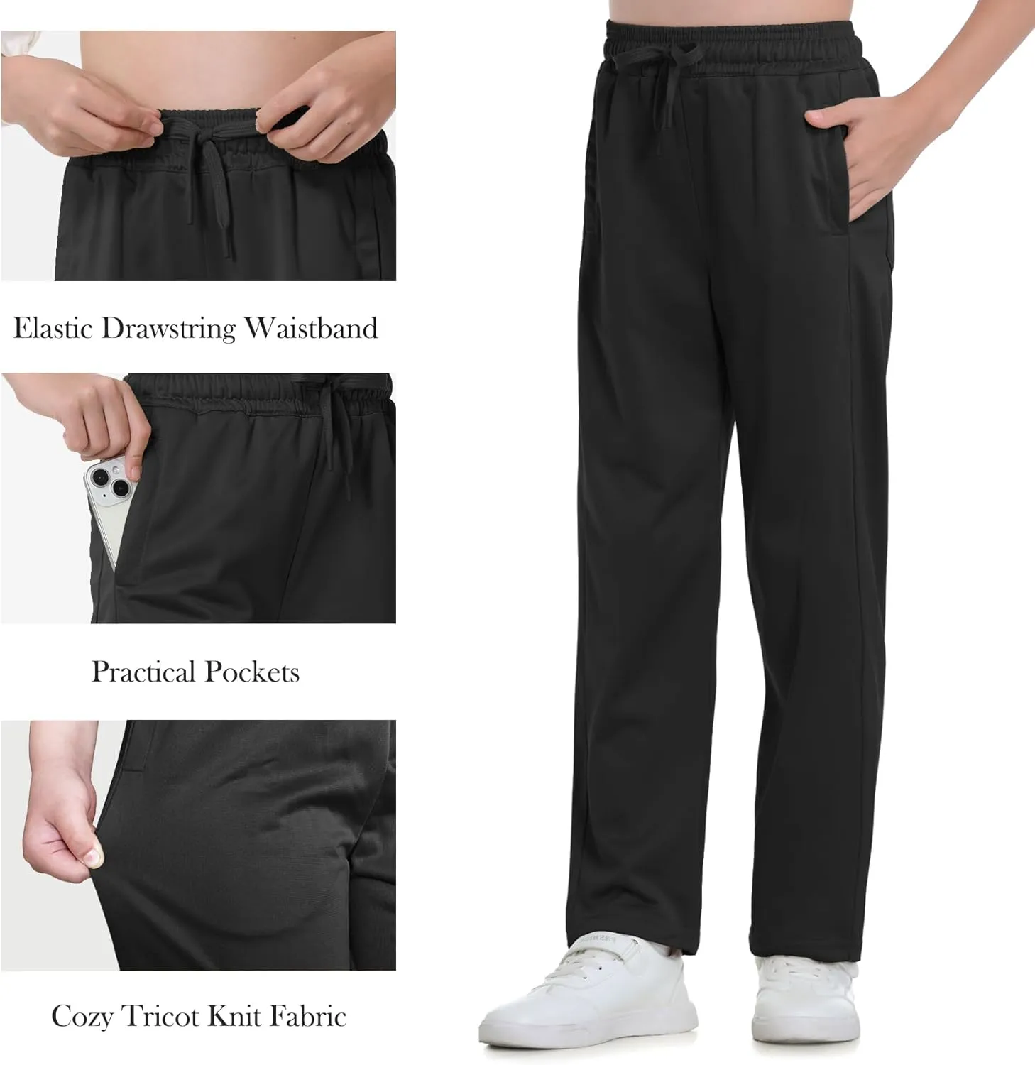 Boys Sweatpants Straight Leg Fit, Boy Athletic Joggers with Open Bottom and Drawstring Pockets for Sports Outdoors
