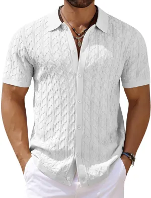COOFANDY Men's Knit Short Sleeve Shirts Button Down Vintage Knitted Polo Shirt Casual Beach Crochet Cable Vacation Shirt