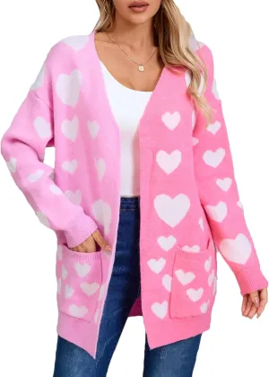 CORIRESHA Women's Longline Open Front Heart Jacquard Color Block Knit Sweater Cardigan
