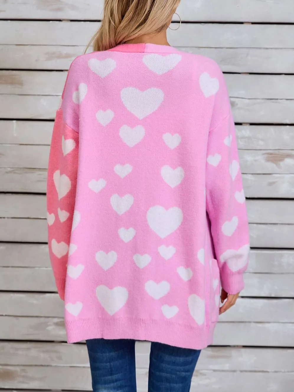 CORIRESHA Women's Longline Open Front Heart Jacquard Color Block Knit Sweater Cardigan