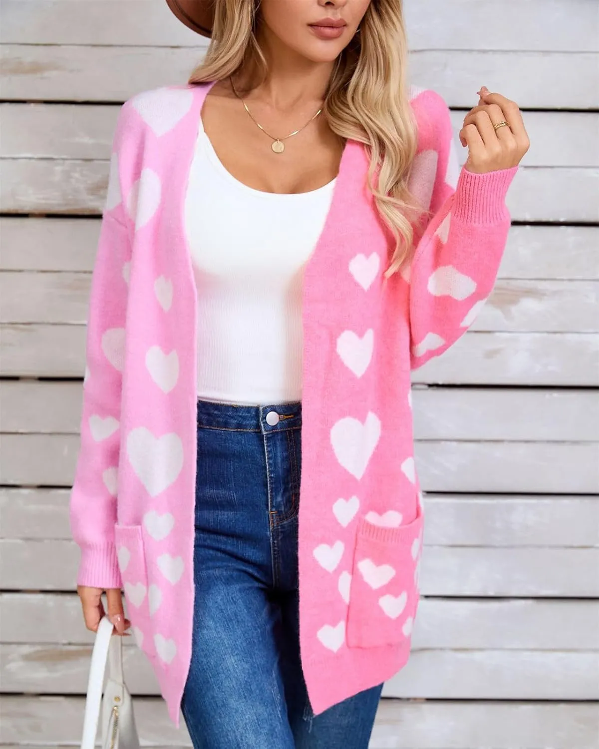 CORIRESHA Women's Longline Open Front Heart Jacquard Color Block Knit Sweater Cardigan