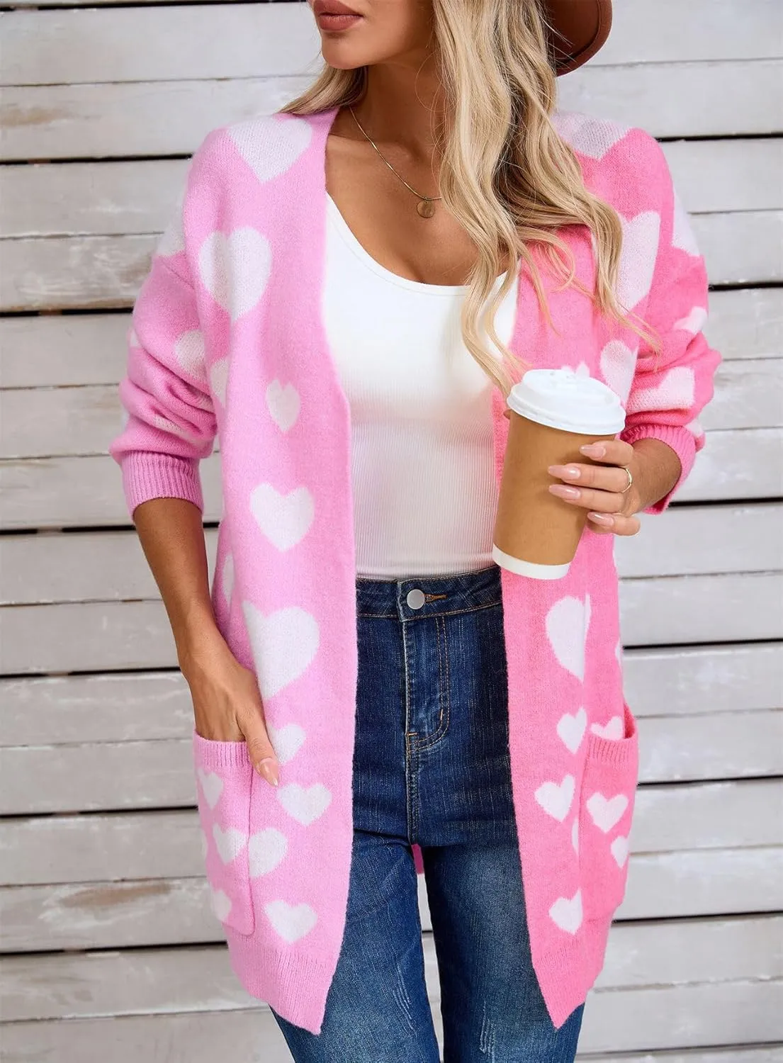 CORIRESHA Women's Longline Open Front Heart Jacquard Color Block Knit Sweater Cardigan