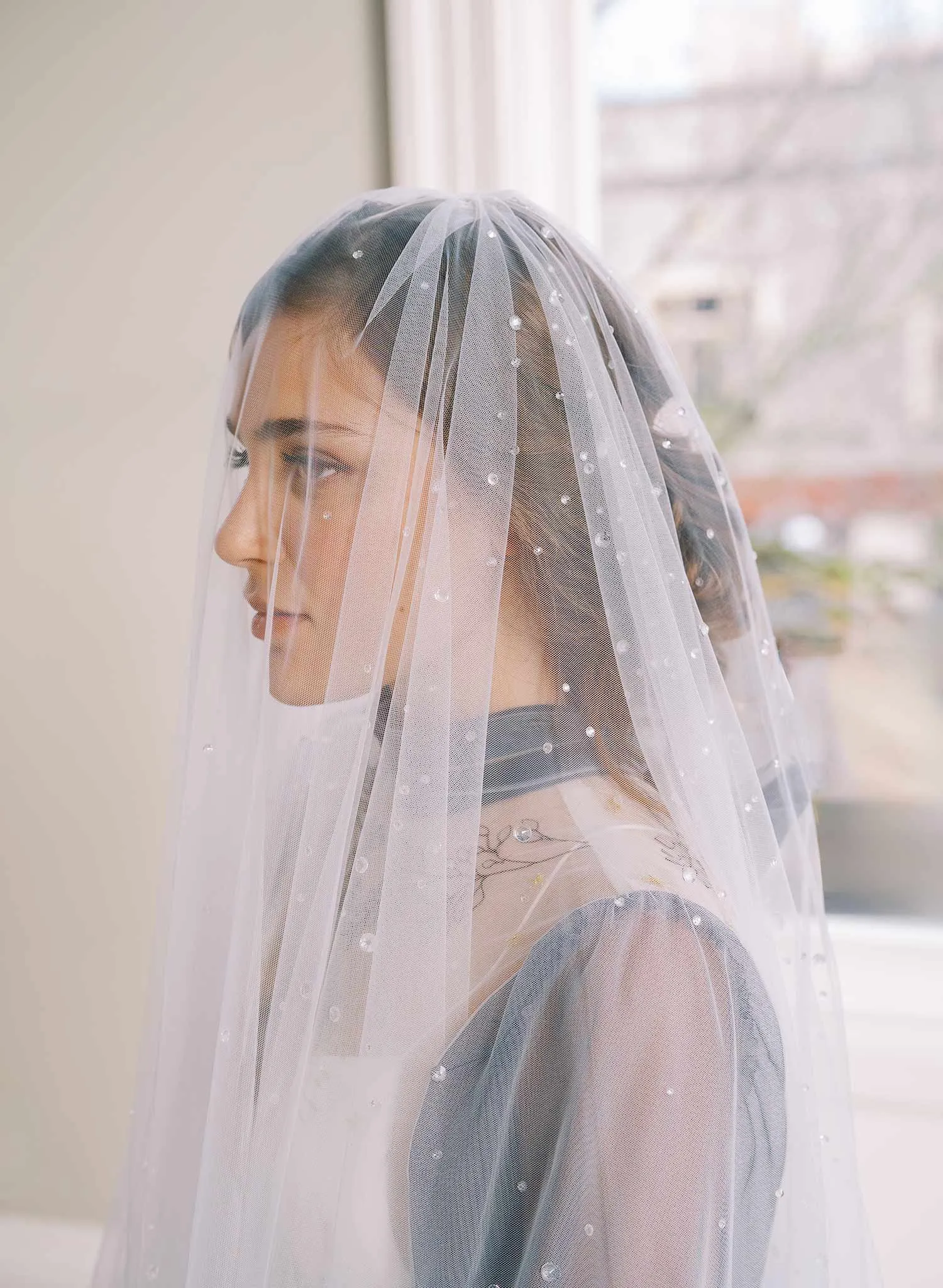 Crystal droplets on whisper tulle circle veil - Style #2472
