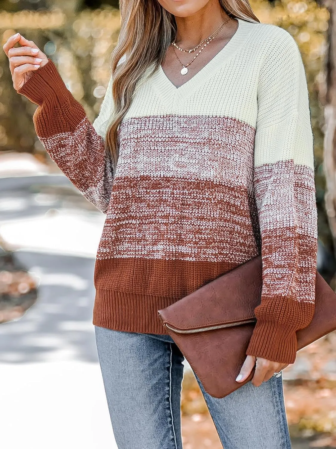 CUPSHE Women Sweater Striped V-Neck Tops Long Drop Sleeve Pullover Casual