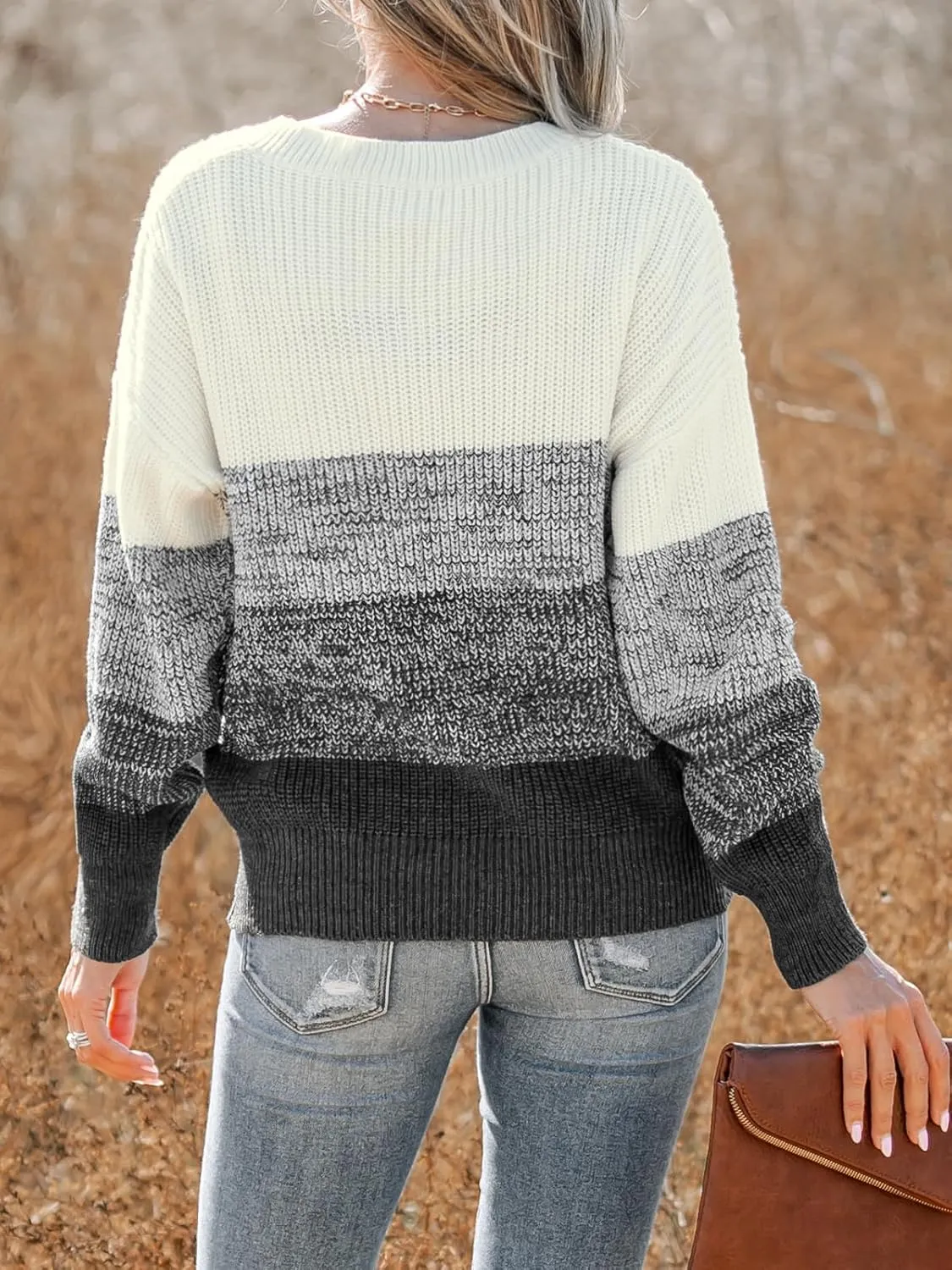 CUPSHE Women Sweater Striped V-Neck Tops Long Drop Sleeve Pullover Casual