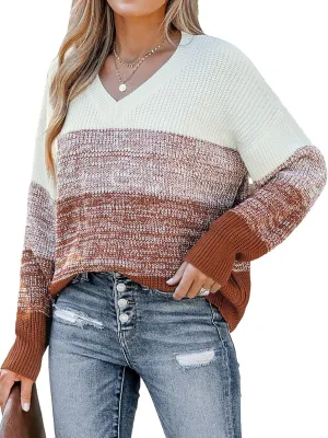 CUPSHE Women Sweater Striped V-Neck Tops Long Drop Sleeve Pullover Casual