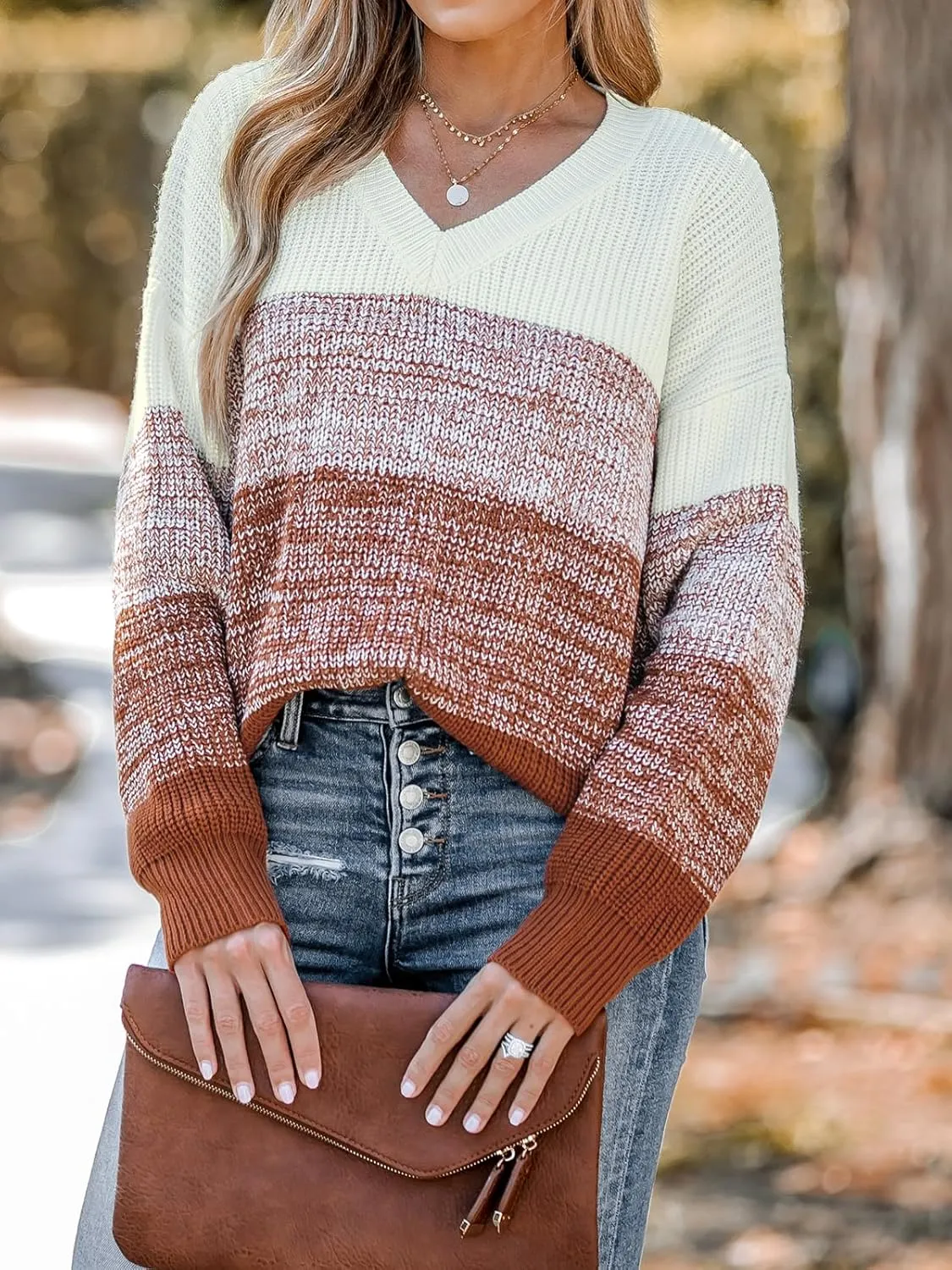 CUPSHE Women Sweater Striped V-Neck Tops Long Drop Sleeve Pullover Casual