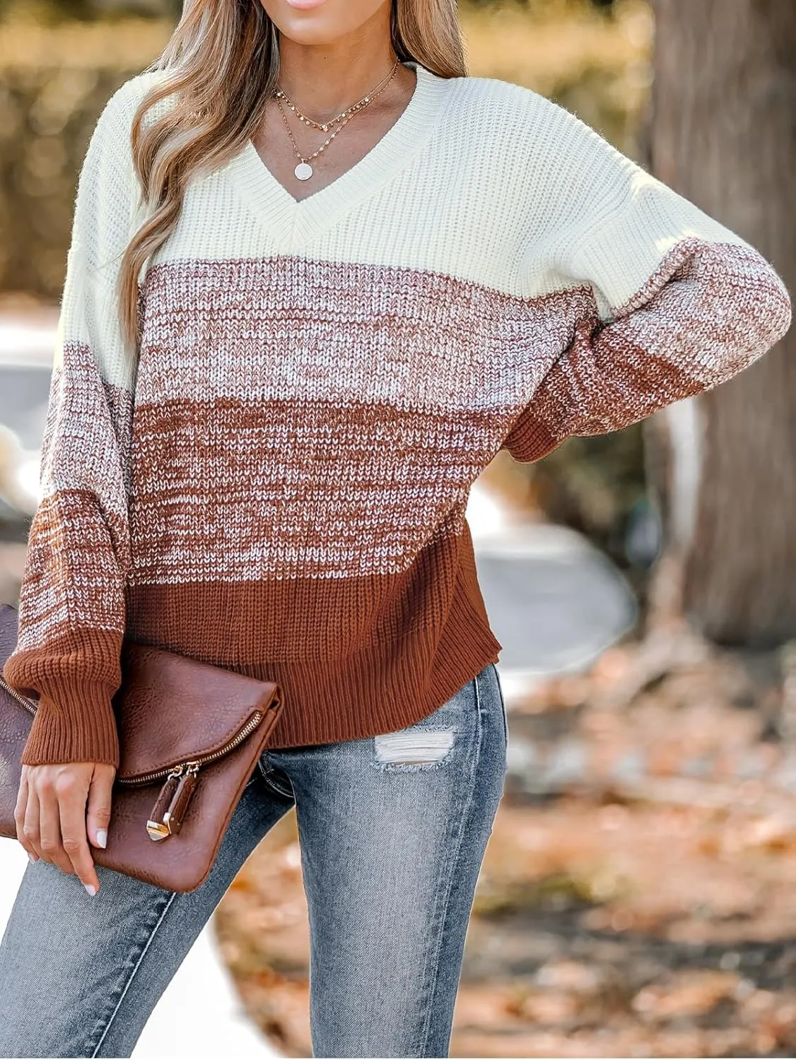CUPSHE Women Sweater Striped V-Neck Tops Long Drop Sleeve Pullover Casual