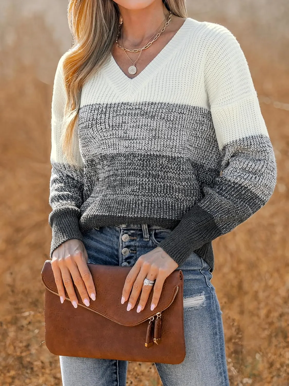 CUPSHE Women Sweater Striped V-Neck Tops Long Drop Sleeve Pullover Casual