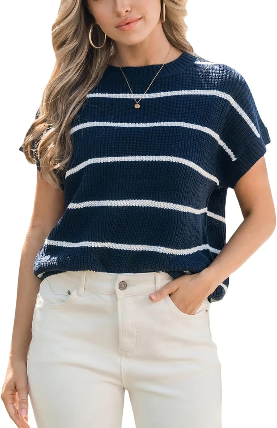 CUPSHE Womens Cap Sleeve Knit Sweater Top 2024 Striped Crew Neck Sweater Vest Casual Pullover Tops