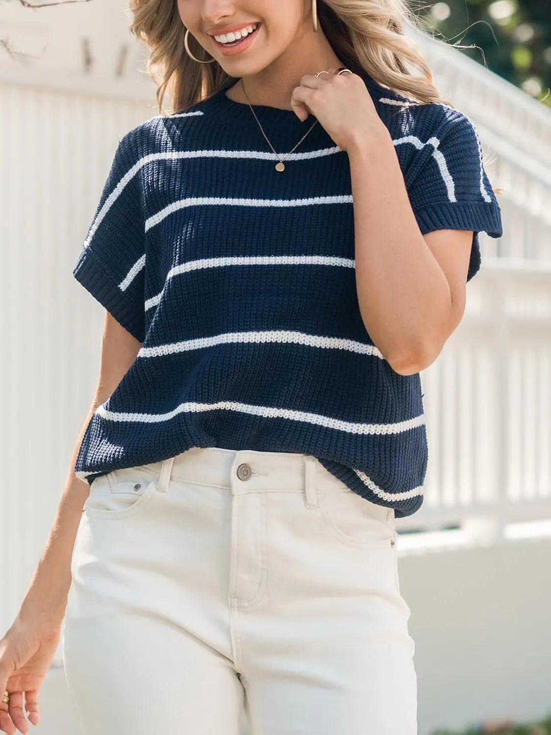 CUPSHE Womens Cap Sleeve Knit Sweater Top 2024 Striped Crew Neck Sweater Vest Casual Pullover Tops