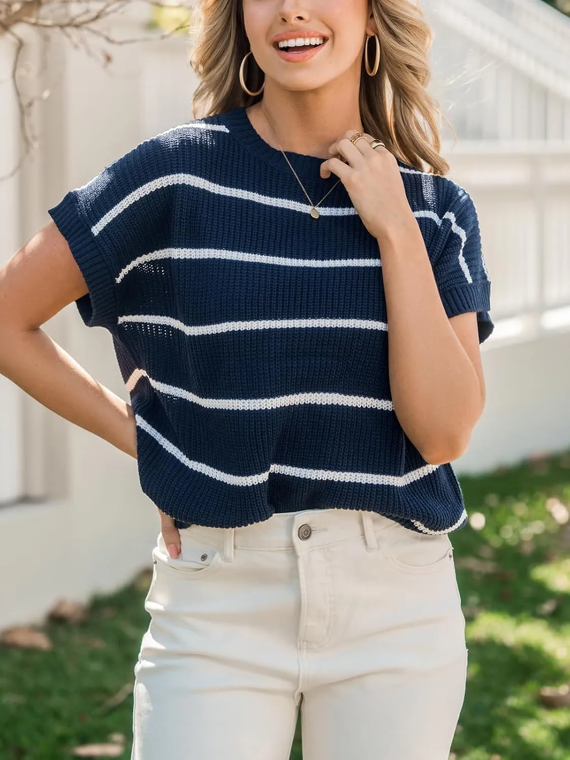 CUPSHE Womens Cap Sleeve Knit Sweater Top 2024 Striped Crew Neck Sweater Vest Casual Pullover Tops