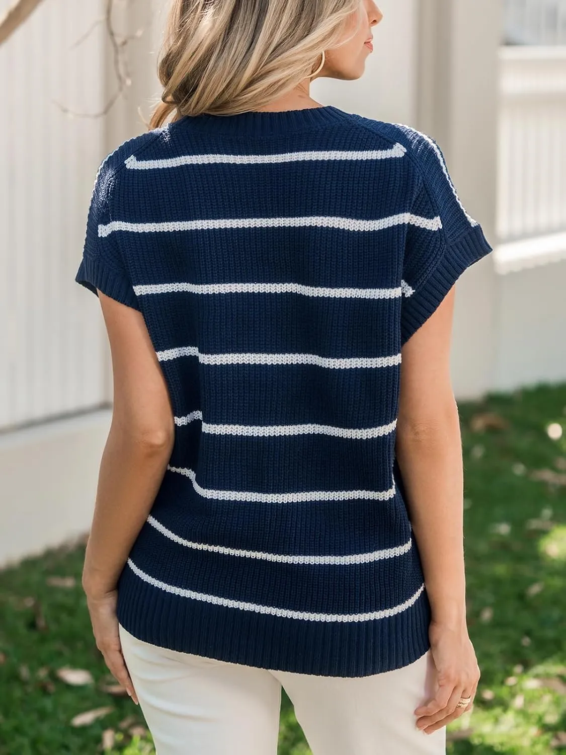 CUPSHE Womens Cap Sleeve Knit Sweater Top 2024 Striped Crew Neck Sweater Vest Casual Pullover Tops