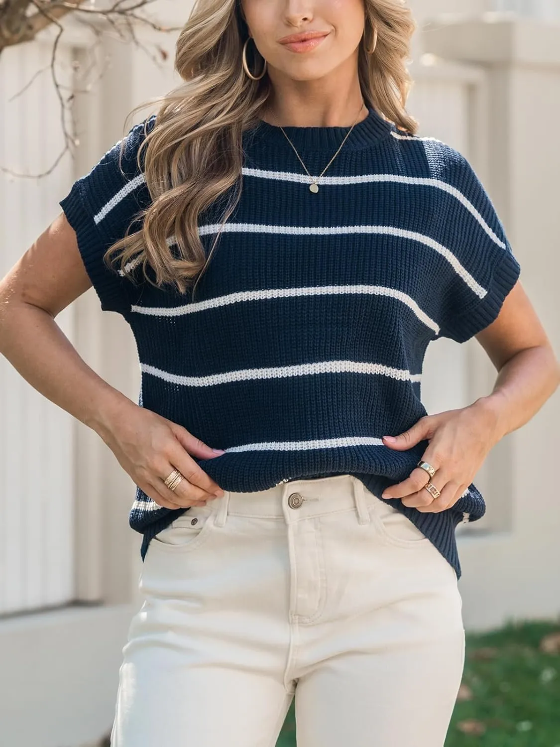 CUPSHE Womens Cap Sleeve Knit Sweater Top 2024 Striped Crew Neck Sweater Vest Casual Pullover Tops