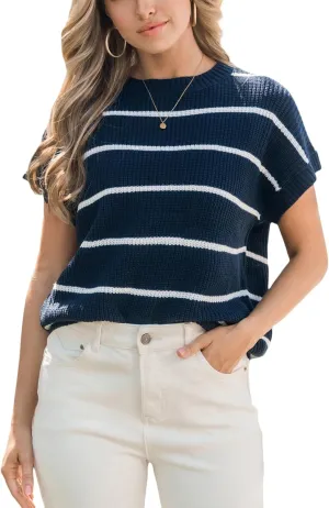 CUPSHE Womens Cap Sleeve Knit Sweater Top 2024 Striped Crew Neck Sweater Vest Casual Pullover Tops