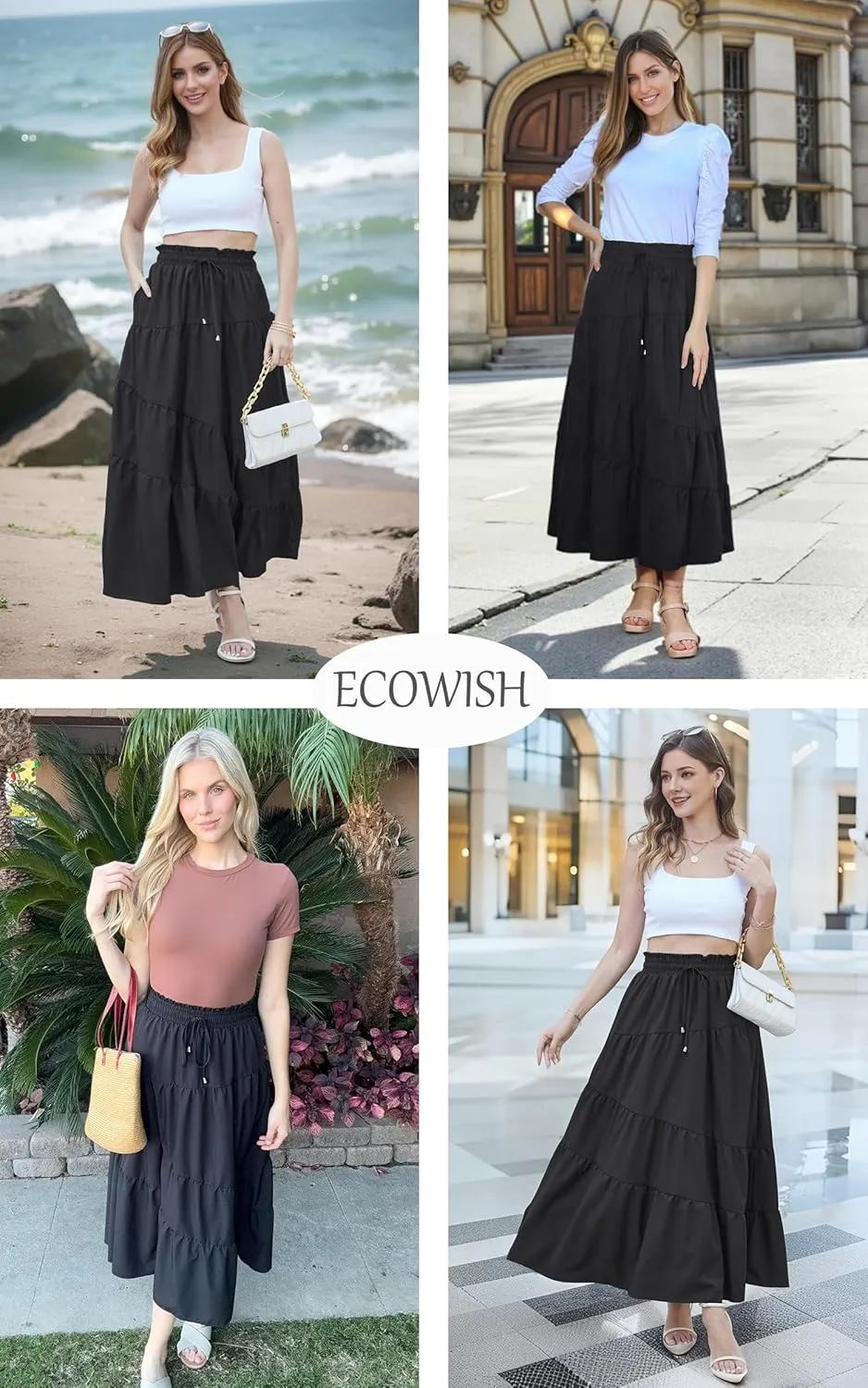 ECOWISH Women Boho Maxi Skirt: Summer Asymmetric Tiered Drawstring Elastic High Waist A-Line Flowy Long Skirts with Pockets