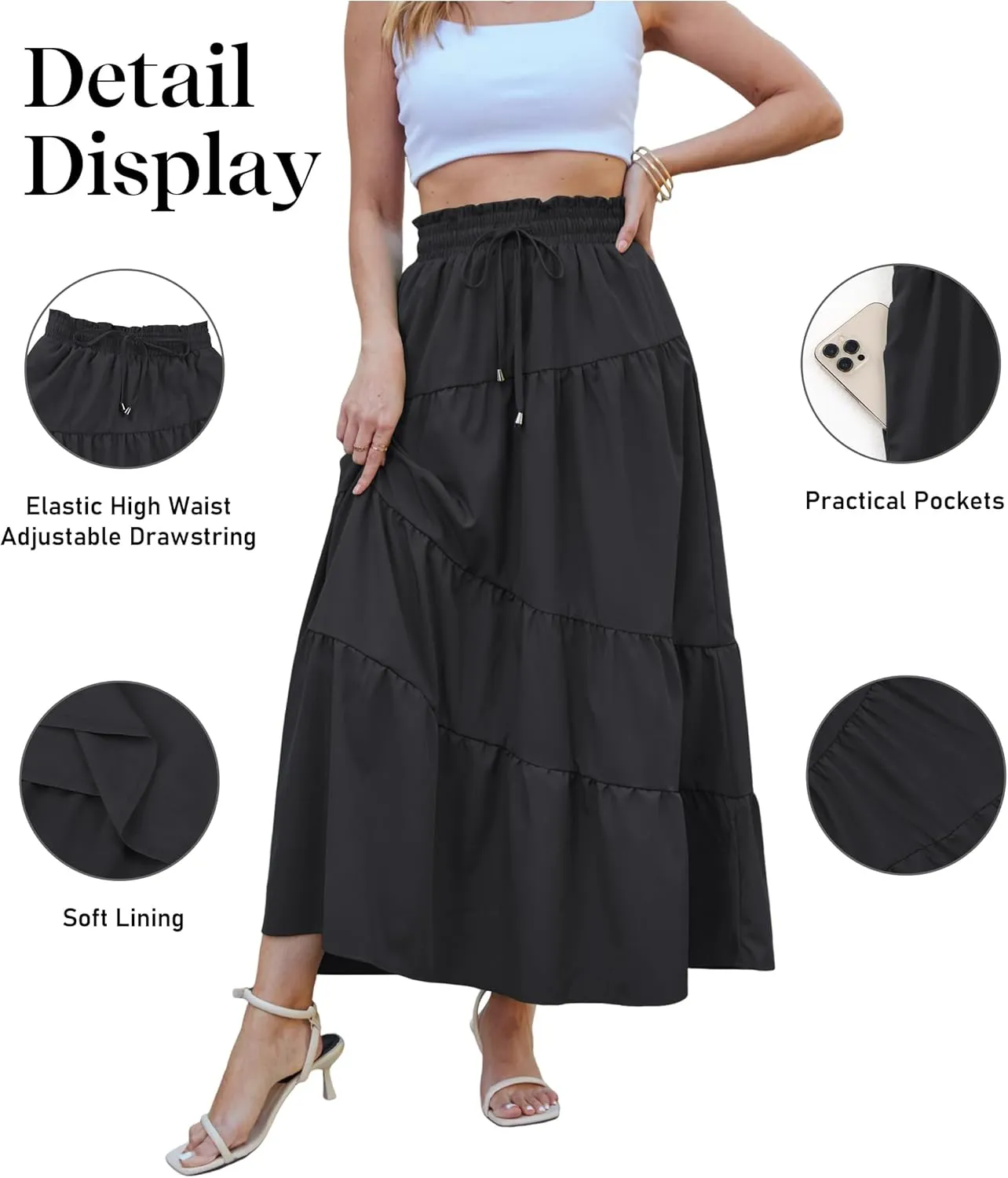 ECOWISH Women Boho Maxi Skirt: Summer Asymmetric Tiered Drawstring Elastic High Waist A-Line Flowy Long Skirts with Pockets