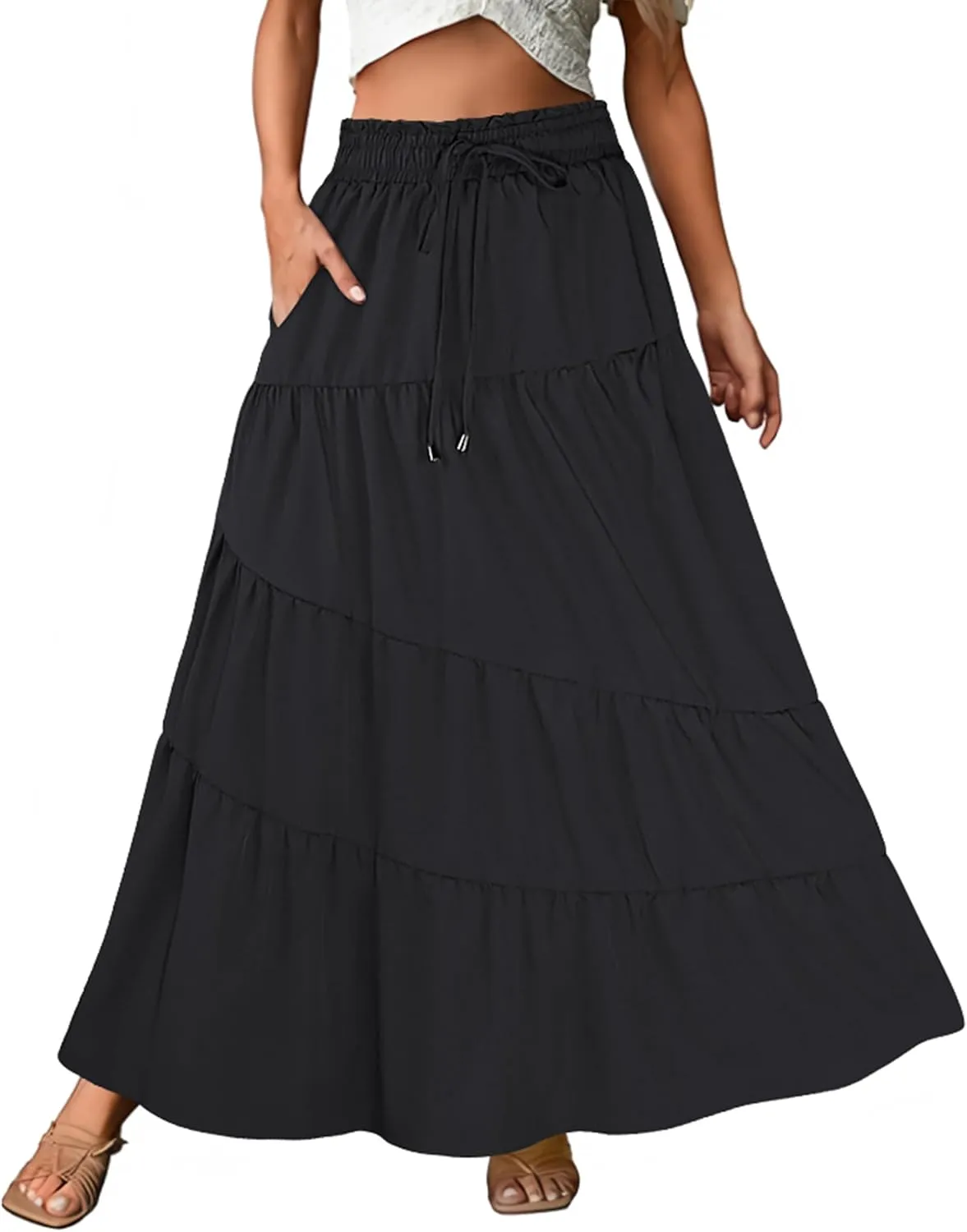 ECOWISH Women Boho Maxi Skirt: Summer Asymmetric Tiered Drawstring Elastic High Waist A-Line Flowy Long Skirts with Pockets
