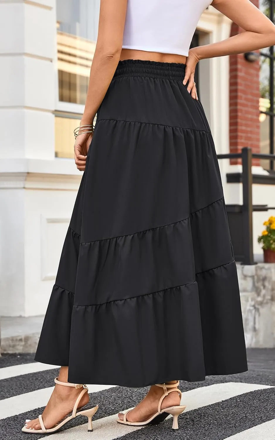 ECOWISH Women Boho Maxi Skirt: Summer Asymmetric Tiered Drawstring Elastic High Waist A-Line Flowy Long Skirts with Pockets