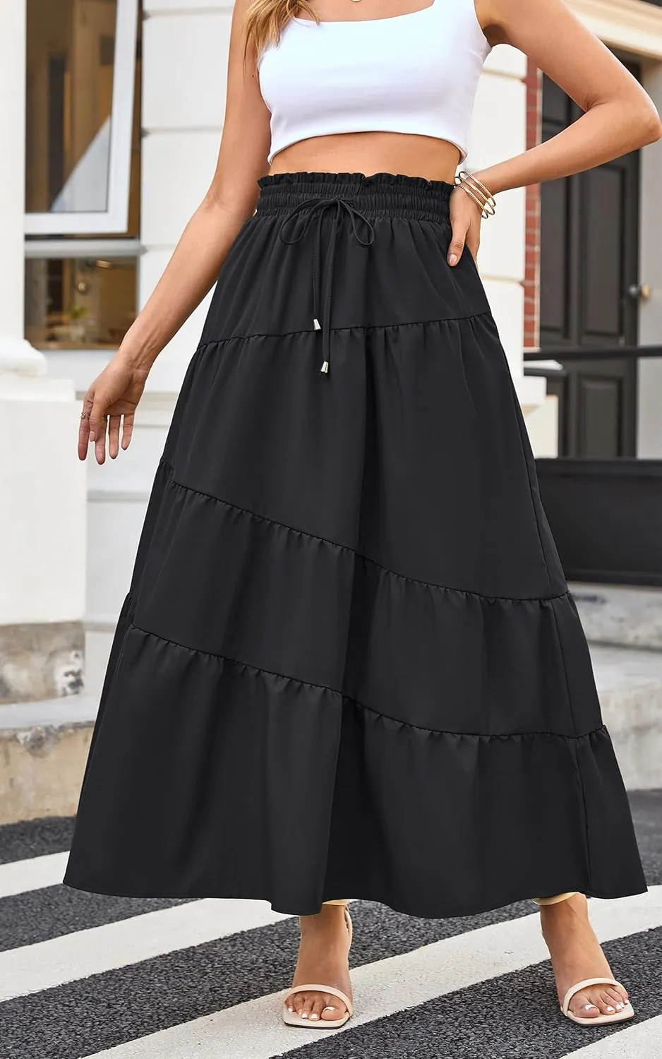 ECOWISH Women Boho Maxi Skirt: Summer Asymmetric Tiered Drawstring Elastic High Waist A-Line Flowy Long Skirts with Pockets