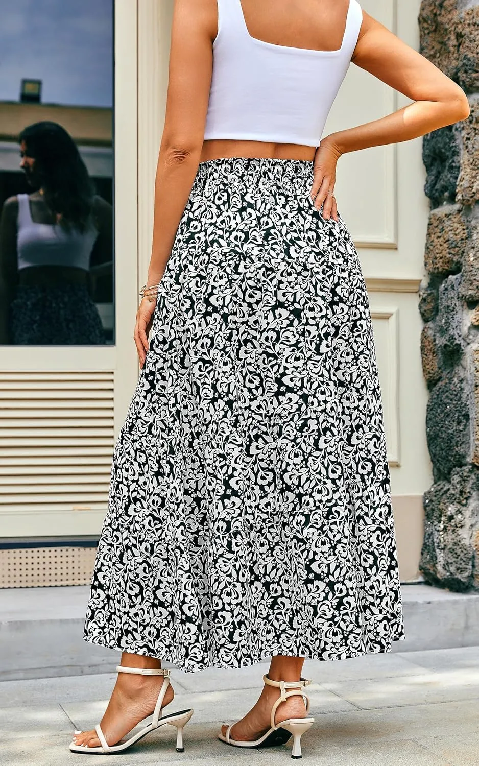ECOWISH Women Boho Maxi Skirt: Summer Asymmetric Tiered Drawstring Elastic High Waist A-Line Flowy Long Skirts with Pockets