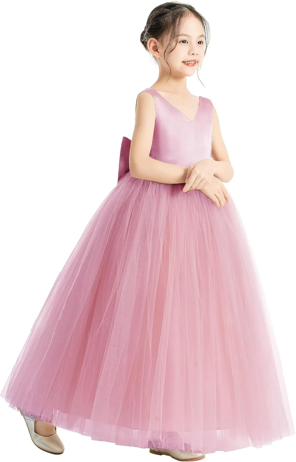 ekidsbridal V-Neck Satin Flower Girl Dress for Special Occasions Pretty Princess Gown 522