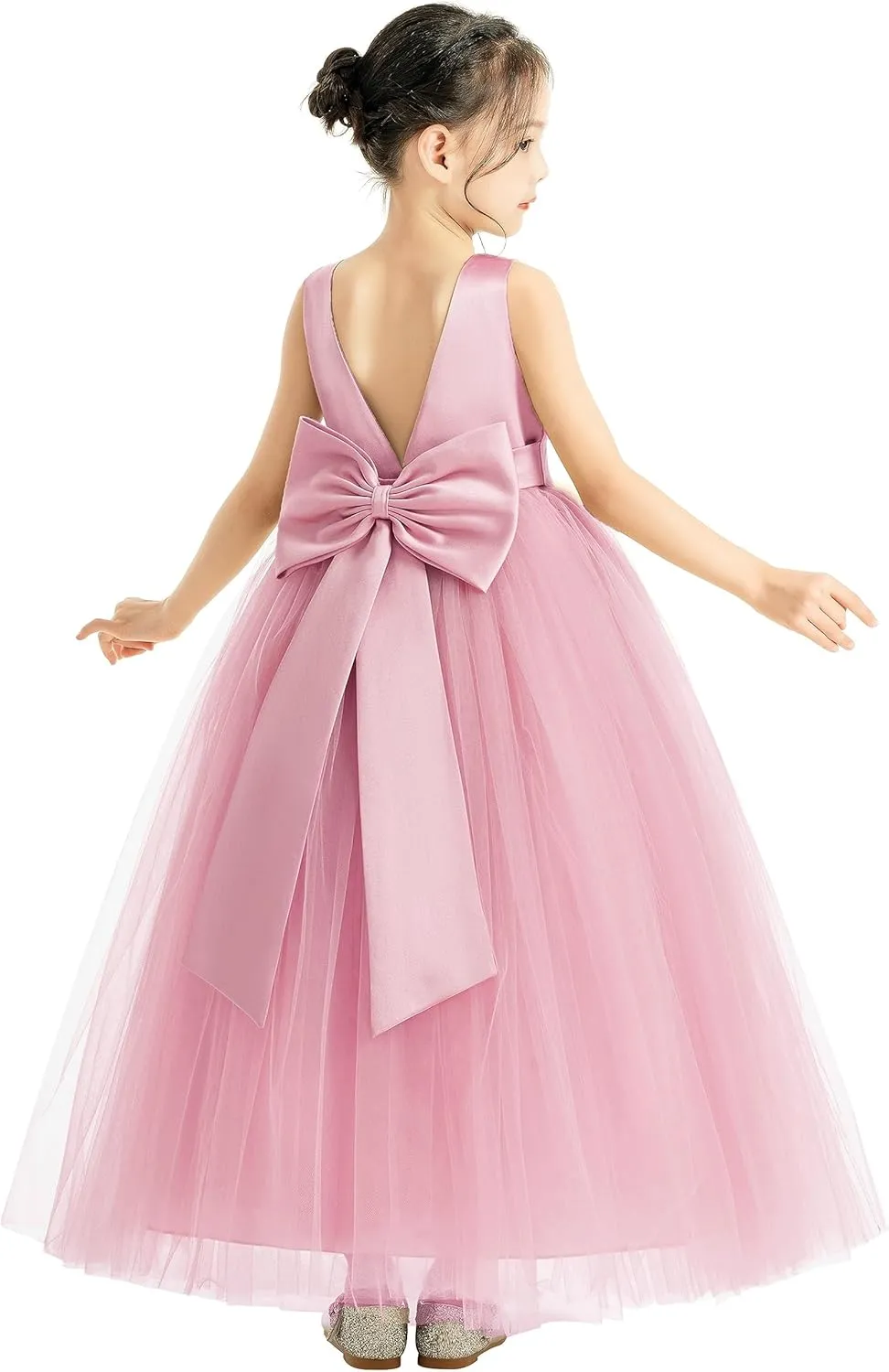 ekidsbridal V-Neck Satin Flower Girl Dress for Special Occasions Pretty Princess Gown 522