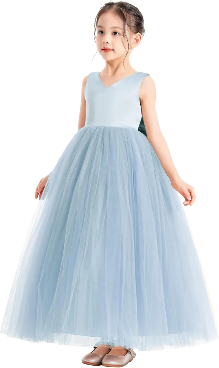 ekidsbridal V-Neck Satin Flower Girl Dress for Special Occasions Pretty Princess Gown 522