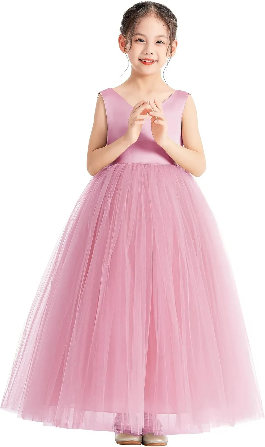ekidsbridal V-Neck Satin Flower Girl Dress for Special Occasions Pretty Princess Gown 522