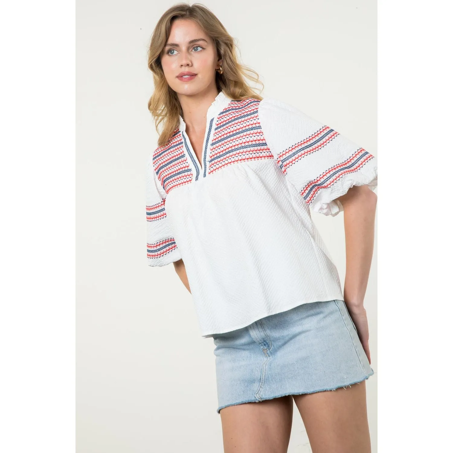 Eleonor Embroidered Puff Sleeve Texture THML Top
