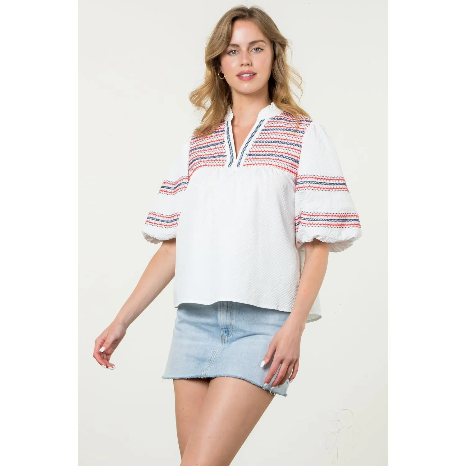 Eleonor Embroidered Puff Sleeve Texture THML Top