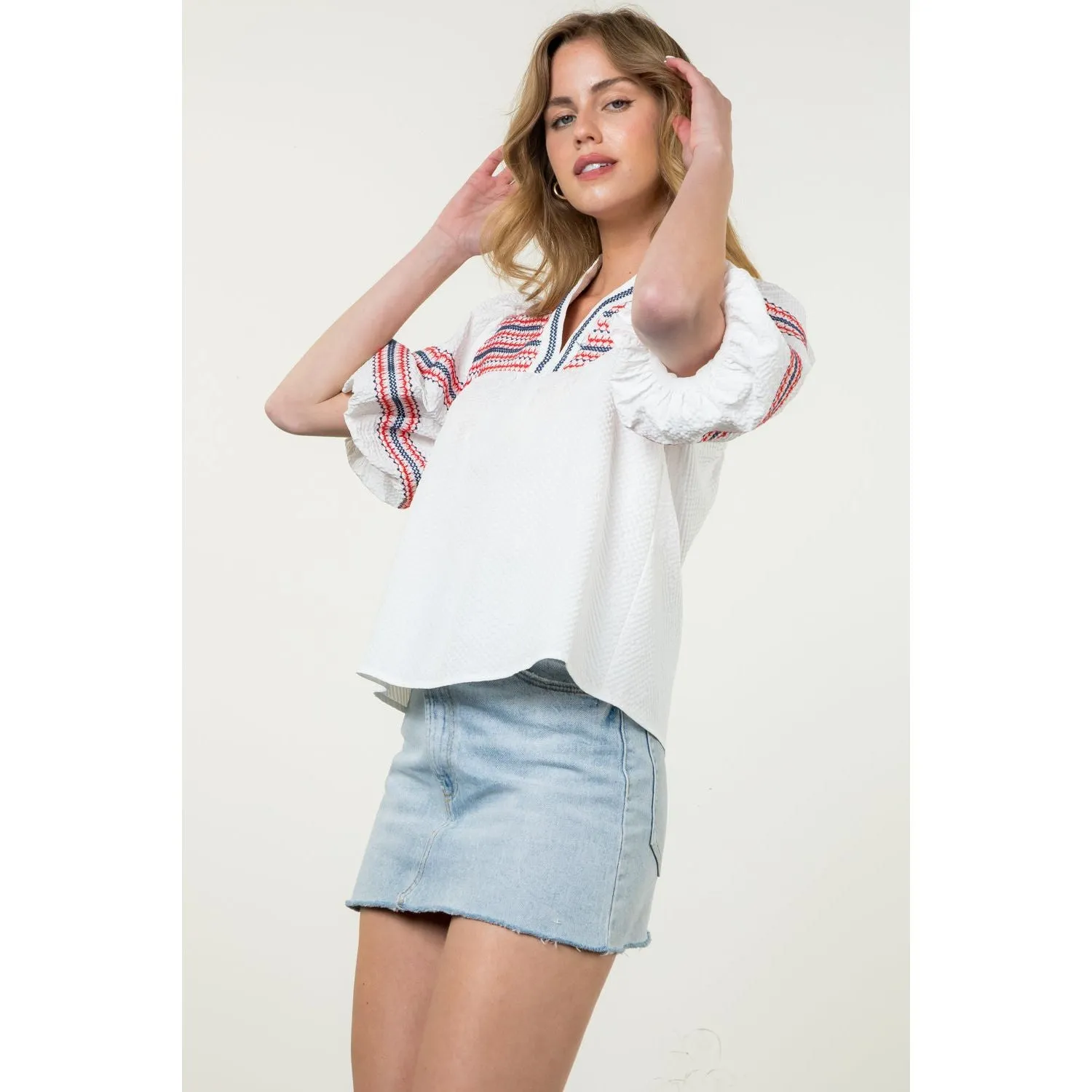 Eleonor Embroidered Puff Sleeve Texture THML Top