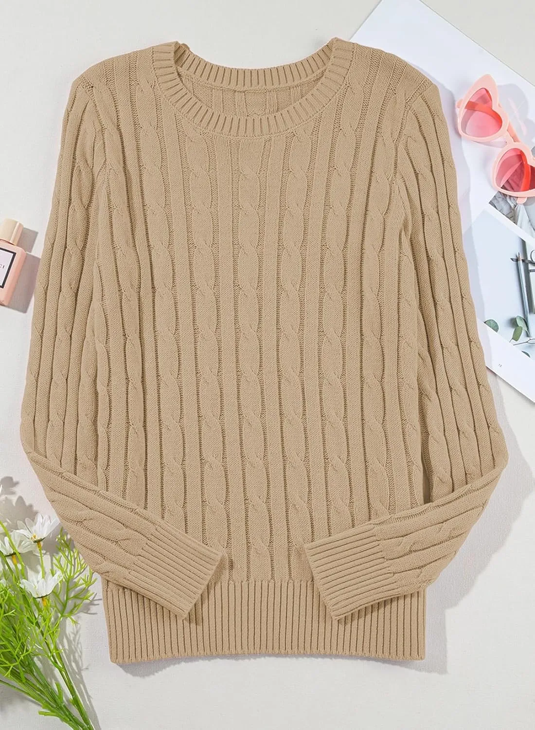 EVALESS Womens Cable Knitted Old Money Pullover Sweater Crewneck Business Casual Long Sleeve Tops