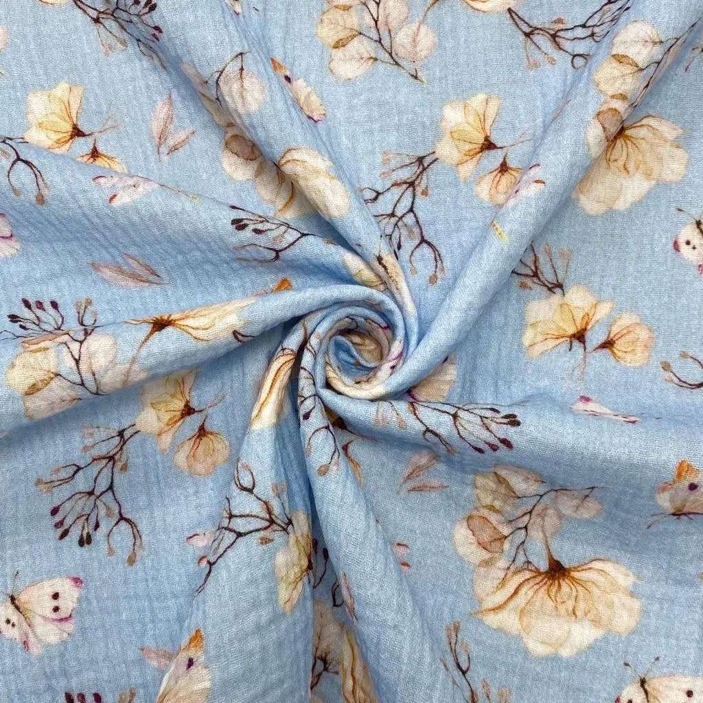 Flowers and Butterflies Double Gauze Fabric