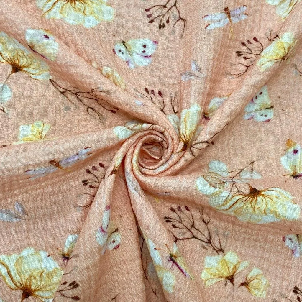Flowers and Butterflies Double Gauze Fabric
